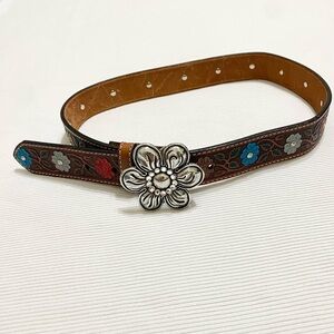 Nocona Girls Size 28 Tooled Leather Painted Flower Rhinestone Belt